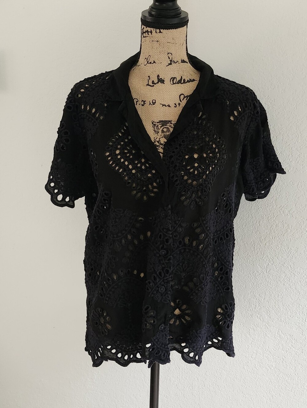 Johnny Was Black Marietta Cooper Eyelet Button Down Top Sz XL